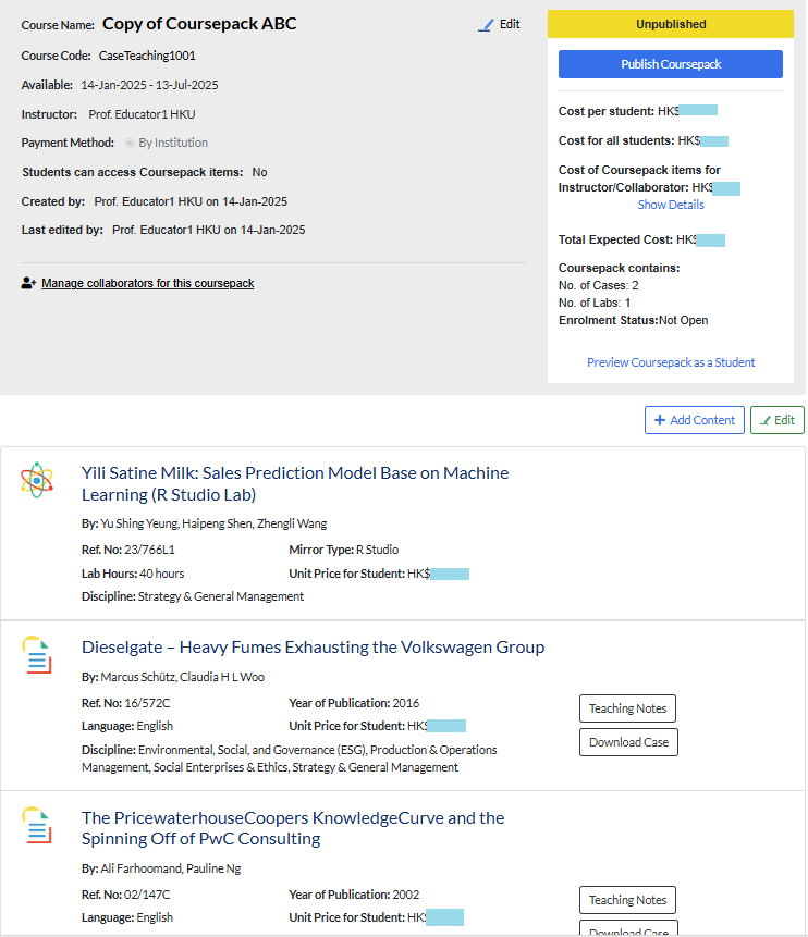 detail page of the duplicated coursepack